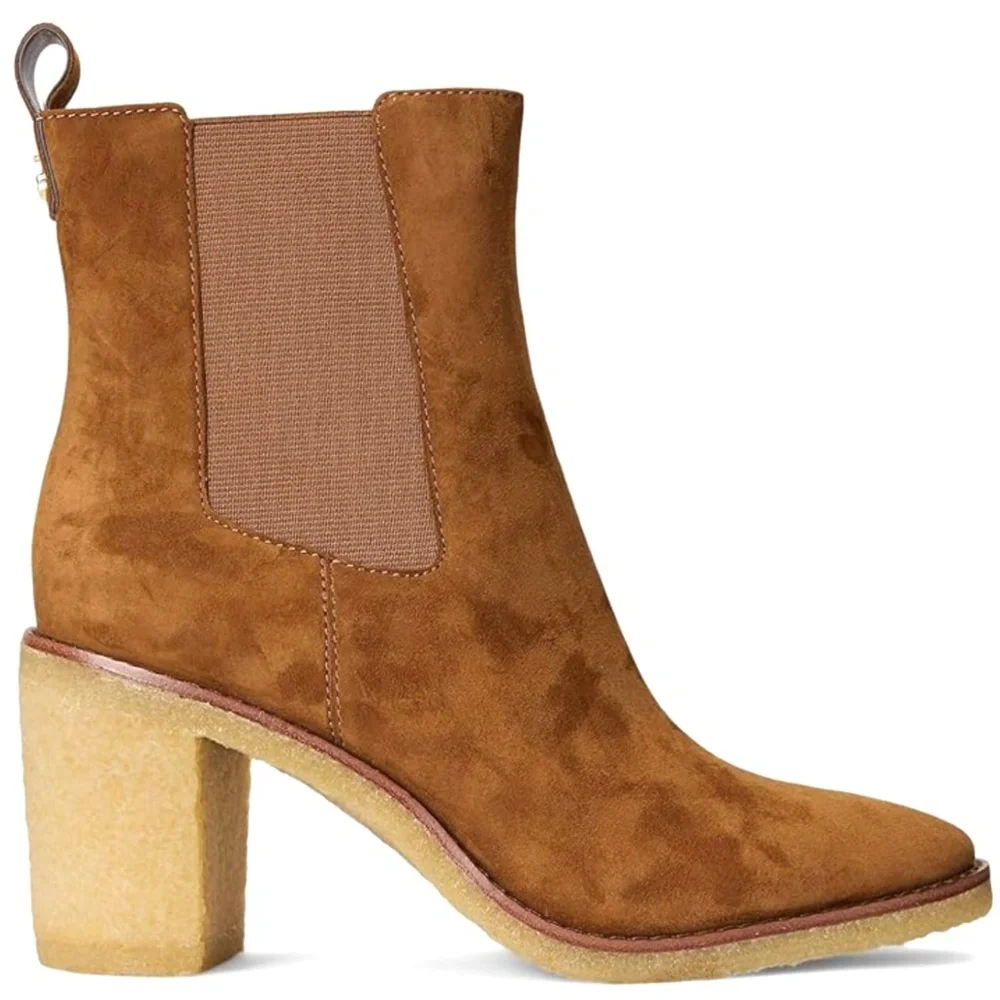 Ralph Lauren Marianna Tan Suede Pull-On Chelsea Bootie Block Heel Ankle Boots